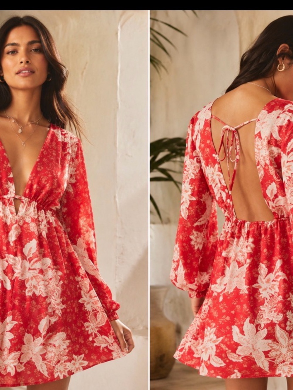 Free People Soli Mini Red Floral  Print Open Back Long Sleeve Boho Dress Size L